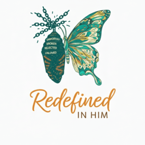 Redefined in Him logo with a crysalis as one half and butterfly wings as the other half